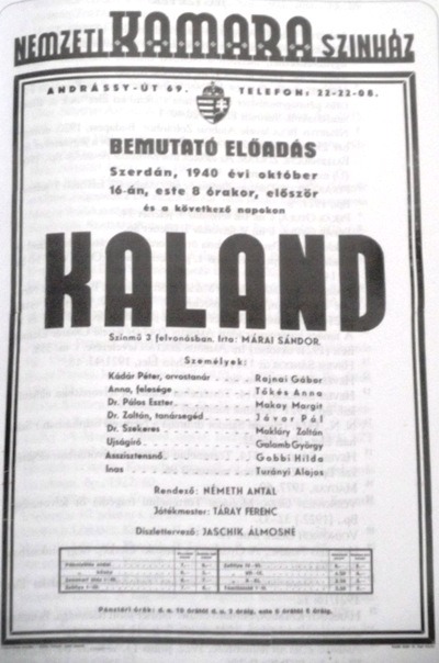 Korabeli plakát (fotó: Magyar színháztörténet 1920-1949)